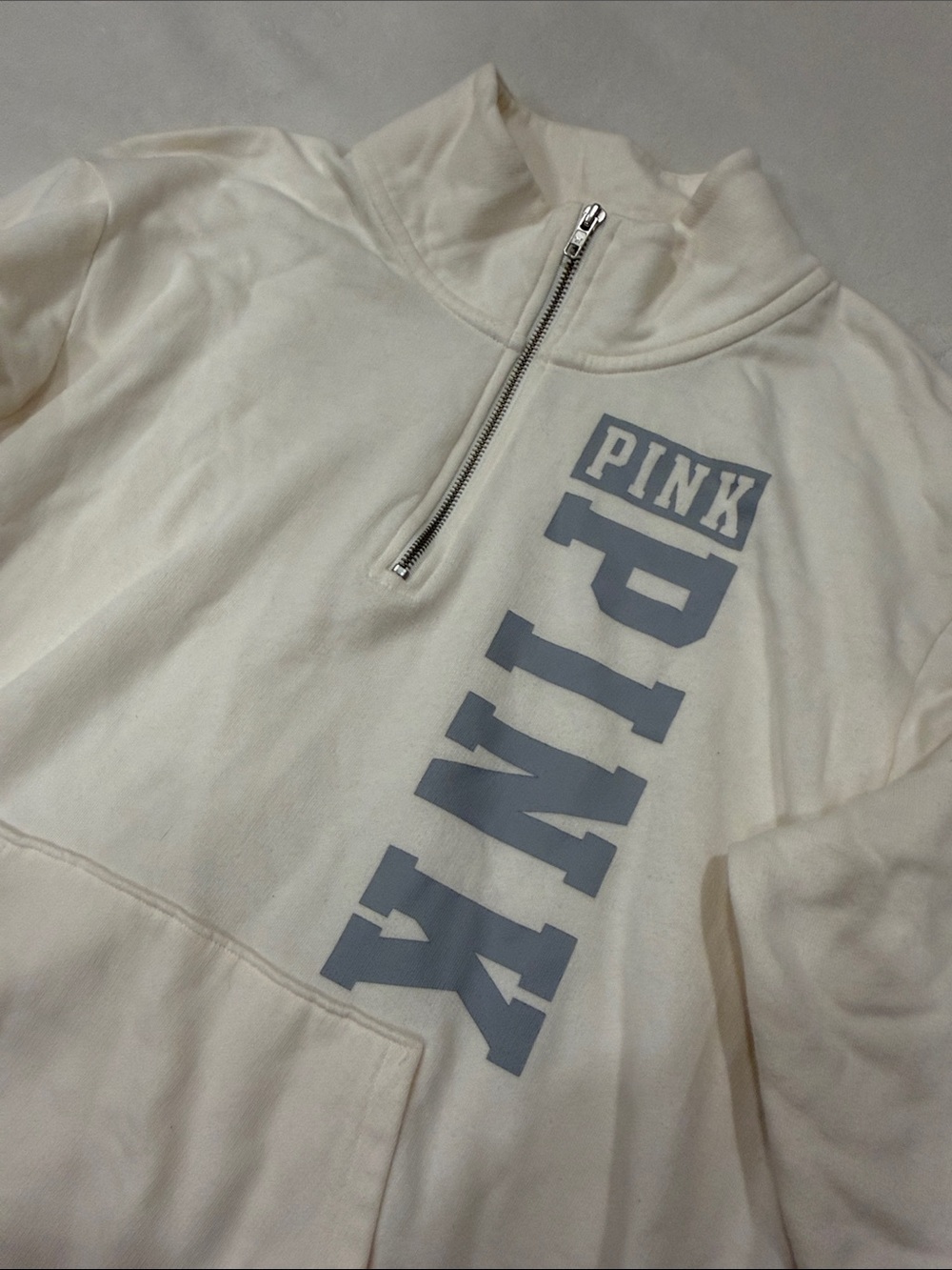 PINK Victoria's Secret Cream Half-Zip Sweatshirt with Gray Logo